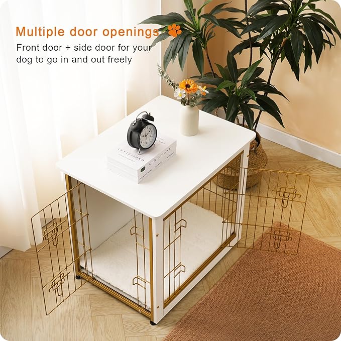 DWANTON Dog Crate Furniture with Cushion, Wooden Kennel Table with Double Doors, Indoor Dog House, Small/Medium/Large Size, 27.2" L, White-PurrikoPets
