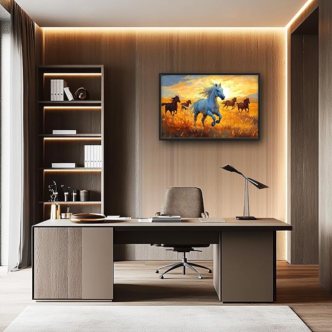 Framed Large Horse Wall Art for Living Room, Oversized Running Horses Wall Decor, Sunset Field Landscape Canvas Painting Home Decoration for Living Room Bedroom Dining Room Office 36"x24"-PurrikoPets