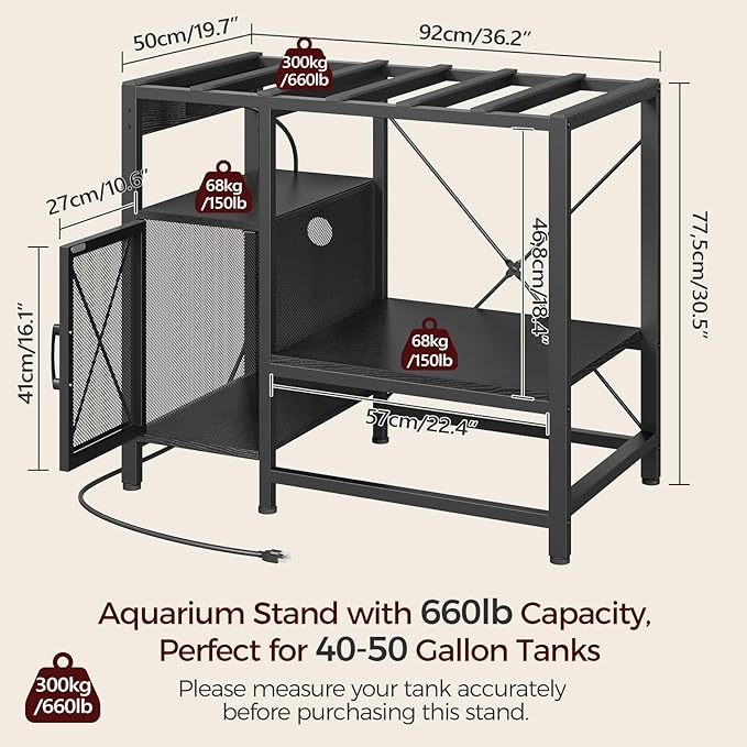 40-50 Gallon Fish Tank Stand, Aquarium Stand with Power Outlet and Storage Cabinet, Heavy Duty Tank Stand Suitable for Turtle Tank, Reptile Terrarium, for Home Office, Black FTBK50E01-PurrikoPets