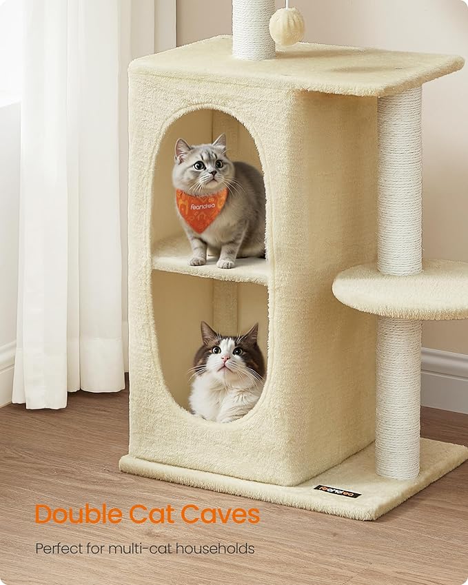 Feandrea Cat Tree Tower with 2 Caves for Multi-Cat Households, Kittens, Scratching Posts, Sand Beige UPCT005Y01-PurrikoPets