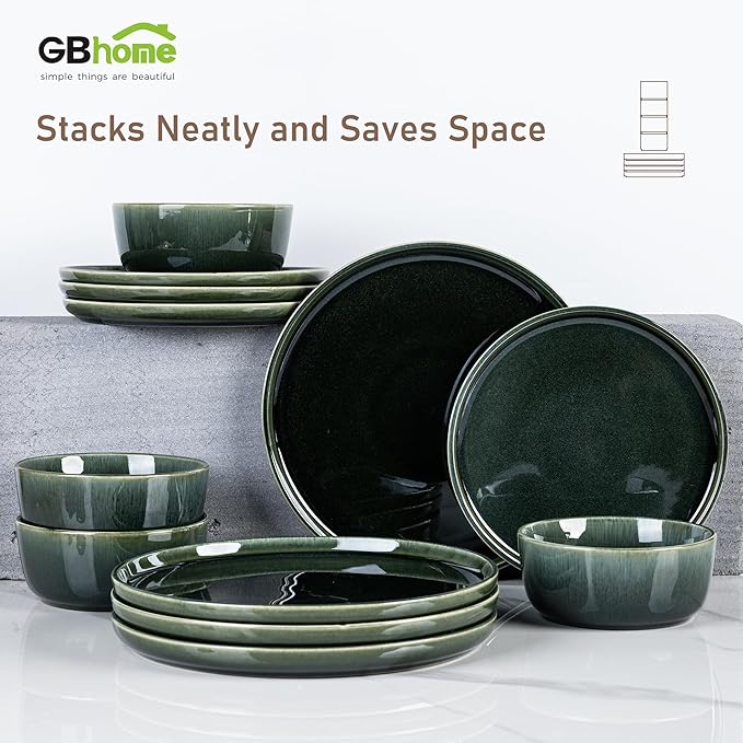 GBHOME Ceramic Dinnerware Sets for 6, 18 Pieces Stoneware Plates and Bowls Sets, Reactive Glaze Dishes -Scratch Resistant, Dishwasher&Microwave Safe, Earth Green-PurrikoPets