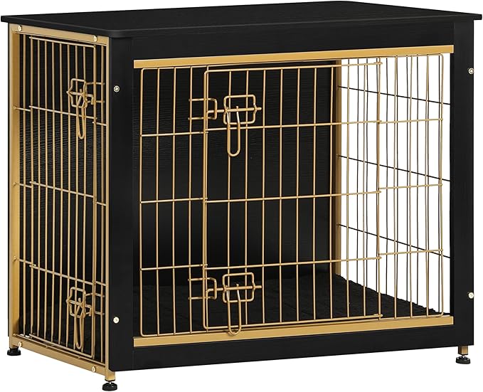 DWANTON Dog Crate Furniture with Cushion, Wooden Kennel Table with Double Doors, Indoor Dog House, Medium Size, 32.5" L, Black+Gold-PurrikoPets