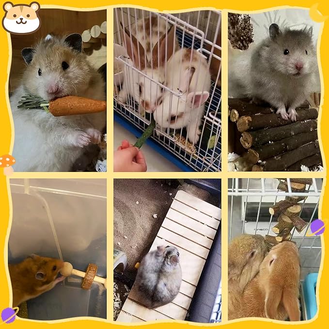 18 PCS Hamster Chew Toys Set, Natural Apple Wood Guinea Pig Toys, Hamster Cage Accessories Include Bridge, Seesaw, Carrot, Timothy Straw Stick Dental Care for Rat Gerbil Chinchilla Rabbits-PurrikoPets