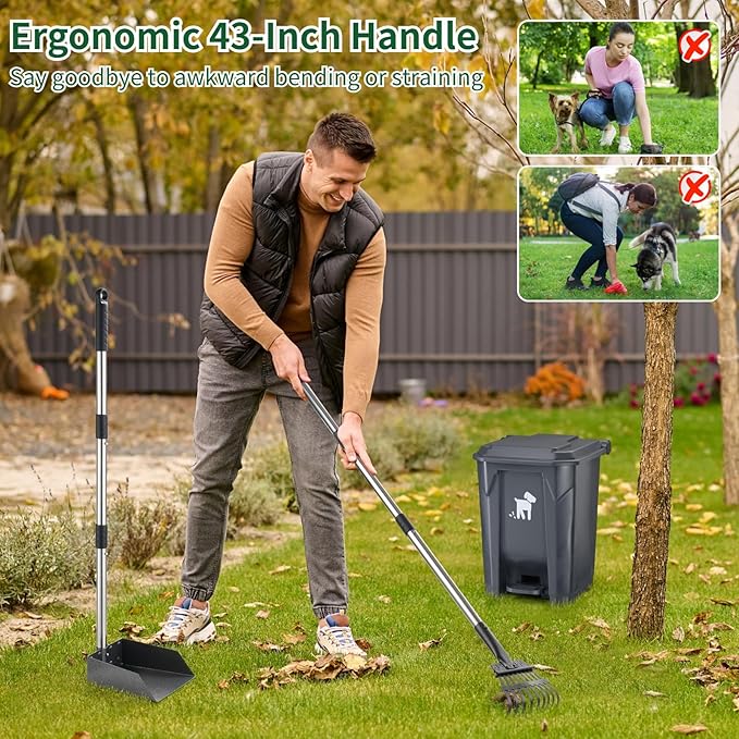 Dog Pooper Scooper, Dog Poop Trash Can Set with Removable Inner Bucket, Long Handle Rake, 150 Waste Bags, Easy Pick Up Poop Scooper, 20L Dog Poop Trash Bin for Small/Large Dog Families-PurrikoPets
