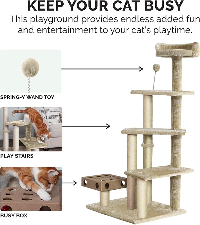 Furhaven 49.5" Tall Cat Tree for Indoor Cats, Ft. Sisal Scratching Posts, Plush Ball Toy, & Busy Box Toy - Tiger Tough Play Stairs Interactive Playground Tower - Cream, One Size-PurrikoPets