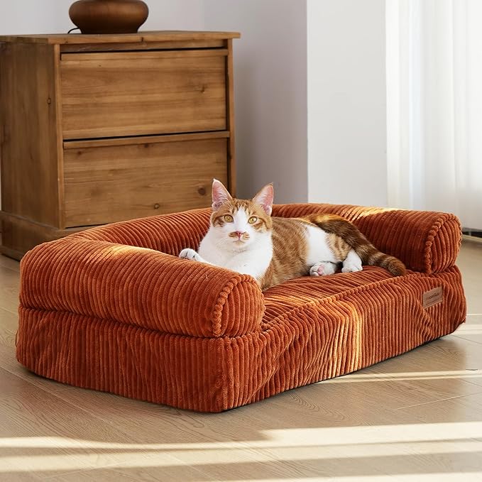 FUKUMARU Dog Couch Bed, Corduroy Cozy Cat Bed for Indoor Cats with Washable Cover, Supportive Waterproof Dog Beds Sofa for Small Dogs and Large Cats Cute, 28inch, Medium, Orange-PurrikoPets
