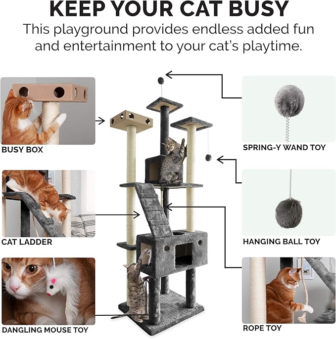 Furhaven 69.3" Tall Cat Tree for Indoor Cats, Ft. Sisal Scratching Posts, 2x Cat Condos, & Toys - Tiger Tough Double Decker Interactive Playground Tower - Silver Gray, One Size-PurrikoPets