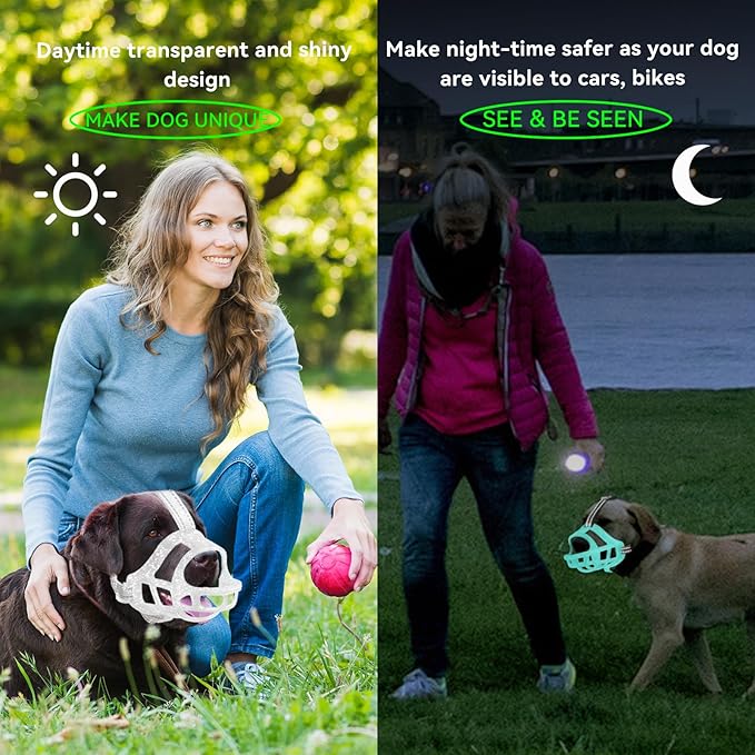 Glow-in-The-Dark Dog Muzzle, Basket Muzzle for Small Medium Large Dogs,Anti-Biting Chewing, Lightweight Cage Design,Allows Drinking & Panting,for Grooming & Training(Transparent Size XL)-PurrikoPets
