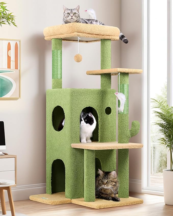 Globlazer Cactus Cat Tree Tower for Indoor Cats, 50-inch Adult Cat Tree House for Large Adult Cats with Steps, Scratching Post, 2 Cat Caves, Dangling Toys, FC50, Green-PurrikoPets