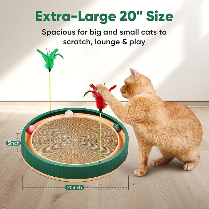 20-Inch Round Cat Scratcher with Ball Track – 3-in-1 Cardboard Scratching Pad with Feather Toy & Non-Slip Base – Interactive Cat Toy for Indoor Cats, Kittens & Large Cats (Green)-PurrikoPets