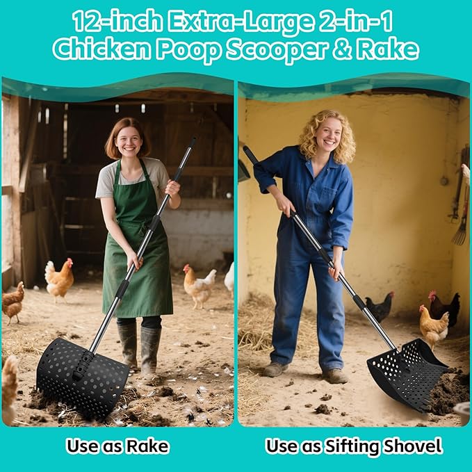 12-Inch 2-in-1 Chicken Poop Scooper & Rake – US Patent Pending – 3-Shape Sifting Holes Chicken Coop Rake，Stainless Steel Handle （20–61"）– Litter Scoop Sand & Sifting Shovel for Chicken Coops (Black)-PurrikoPets