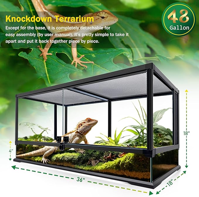 48 Gallon Professional Glass Terrarium 36"x18"x18" Durable Reptile Habitat Tank with Heat Resistant Aluminum Alloy Frame, Dual Front Swinging Doors for no Jam by Sand and Other Debris-PurrikoPets