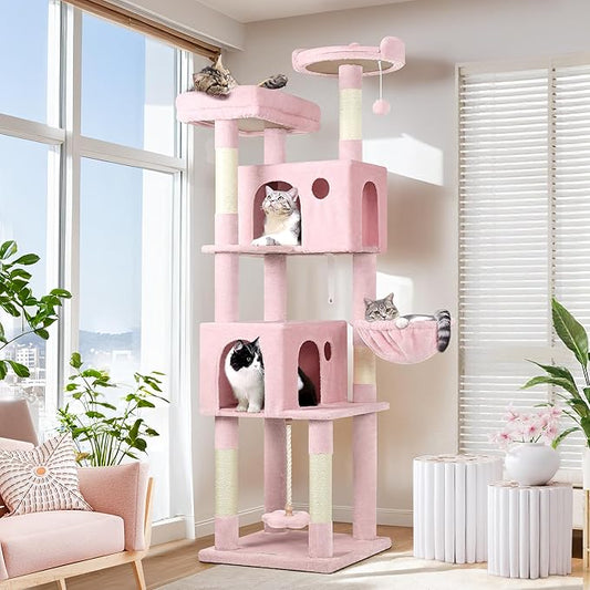 Globlazer Pink Cat Tree, 70 inch Tall Scratching Tower Multi-Level Cat Condo for Indoor Multiple Cats with 2 Large Cat Caves, Top Perch, Large Platform, Bottom Swing, F70B, Pink-PurrikoPets