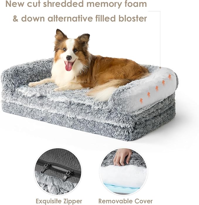 EHEYCIGA Foldable XL Dog Bed, Faux Fur Fluffy Pet Couch Bed for Large Dogs, Orthopedic Calming Memory Foam Big Pet Bed, Washable Soft Pet Sofa Bed with Non-Slip Bottom, Grey, 46"x34"x6.5"-PurrikoPets