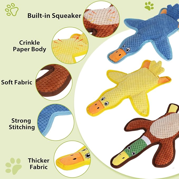Dog Toys 3-Pack Cute Duck Shapes Puppy Toys No-Stuffing Squeaky and Crinkle Interactive Dog Chew Toy for Small to Large Breeds-PurrikoPets