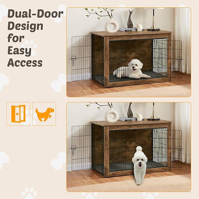 Dog Kennel Furniture, Wooden Dog Crate End Table with Dual Doors, Chew-Proof Design & Cushion, Heavy Duty Dog Crate, Decorative Pet Crate Dog Cage for Indoor (27 Inch)-PurrikoPets