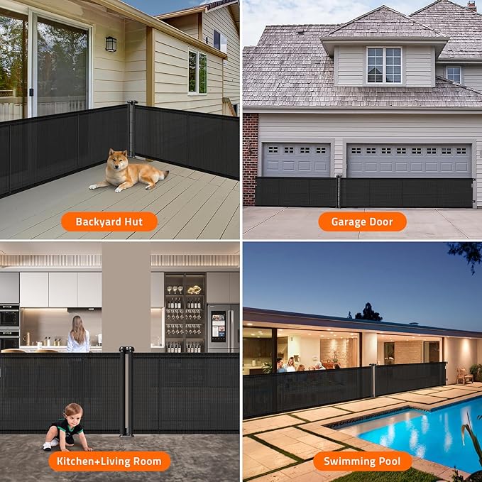 2-in-1 Retractable Baby Gates, 41" Tall Mesh Dog Gate 1-Pack, One Side Up to 200" Wide, Total 400" Wide, Long Retractable Pet Gate for Yard Swimming Pool Garage Indoor Outdoor-Black-PurrikoPets