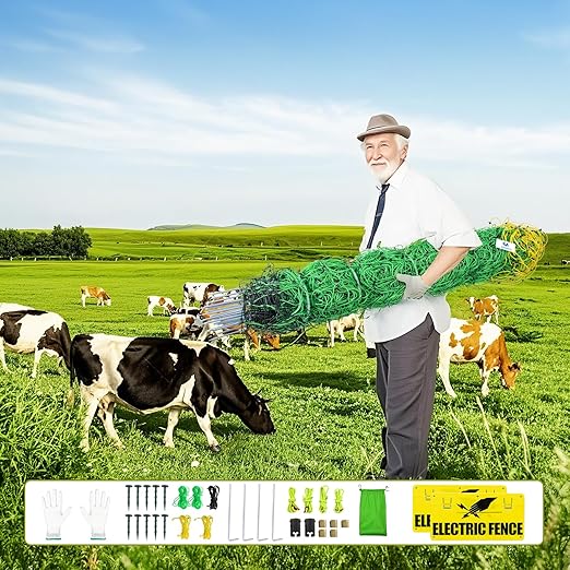 Electric Fence Netting,164'Lx49.6"H, Electric Livestock Netting with 14 Double Barbed Poles, Suitable for Pigs, Cows, Sheep and Other Large Animals, Portable Electric Fence for Farms, Ranches-PurrikoPets