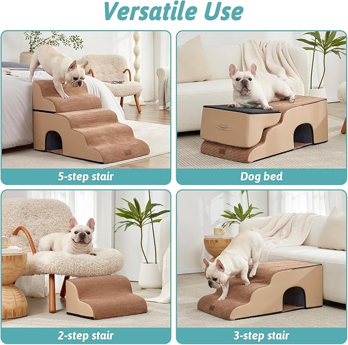 Extra Wide Dog Stairs with Tunnel, Detachable Large Pet Step for Small Medium Dog, Puppy or Cat, Ramp for High Bed, Couch, Sofa or Car, Stable, 19.7x33x22.4 inch, 5 Step, Light Brown-PurrikoPets