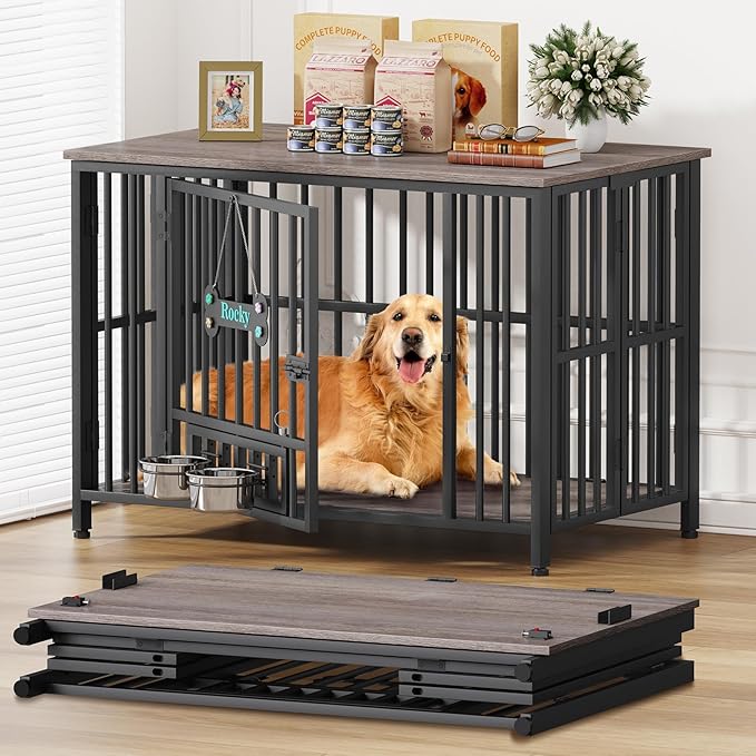 Easycom 41" Dog Crate Furniture Foldable, No Assembly Decorative Dog Kennel Indoor, Dog Crates for Large Dogs (40-65 lbs), Wooden Dog Cage with Adjustable Bowls and Name Tag, End Table, Oak Grey-PurrikoPets
