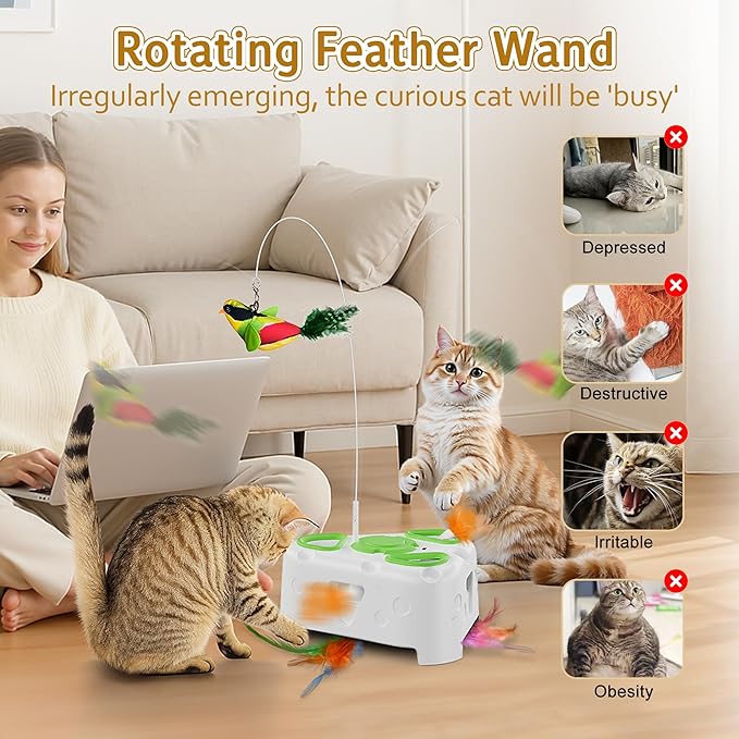 3-in-1 Interactive Cat Toys for Indoor Cats,Automatic Kitten Toy,Flying Bird,6 Holes Mole,Rotating Feather, Rechargeable USB Interactive Cat Feather Toys for Bored Indoor Cats-PurrikoPets