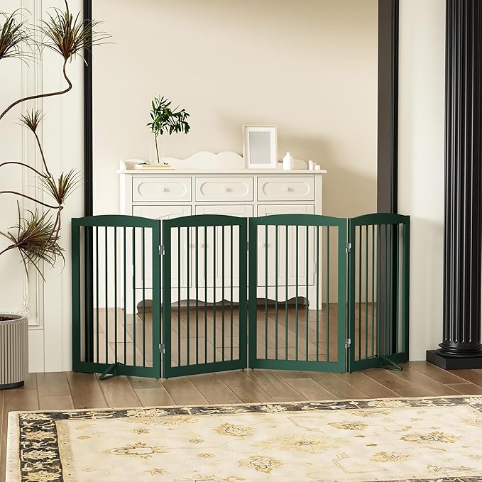 Freestanding Pet Gate for Dogs, Indoor Wooden Dog Gate for House, Foldable Dog Gate for Doorway, Stair, Step Over Pet Puppy Safety Fence Tall, 80 Inch Wide, 4 Panels 32", Green-PurrikoPets