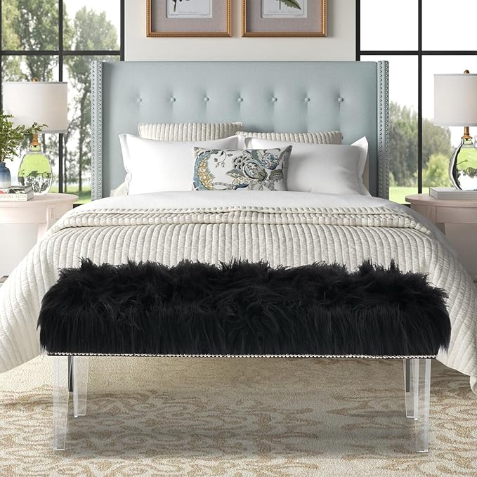 46 Inch Black Bedroom Bench, Benches for Bedroom White Faux Fur Upholstered Bed end Bench, Tufting Bench Indoor Bench with Acrylic Legs for Living Room Bedroom Dining Room Entryway, Black-PurrikoPets