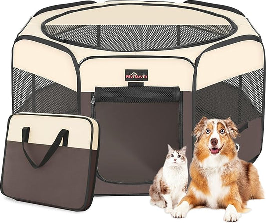 Aivituvin Dog Playpen, Foldable Pet Play Pens with Carrying Bag for Cat, Puppies, Rabbits, Portable Dog Tent Crates Cage for Travel Camping Indoor Outdoor, Removable Shade Cover, Brown L-PurrikoPets