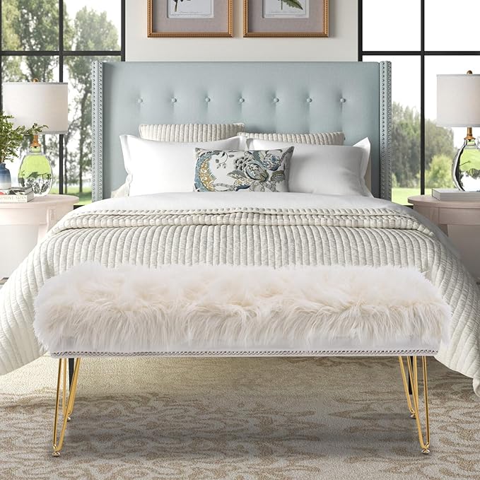 46 Inch White Bedroom Bench, Benches for Bedroom White Faux Fur Upholstered Bed end Bench, Tufting Ottoman Bench Indoor Bench with Metal Legs for Living Room Bedroom Entryway, White-PurrikoPets