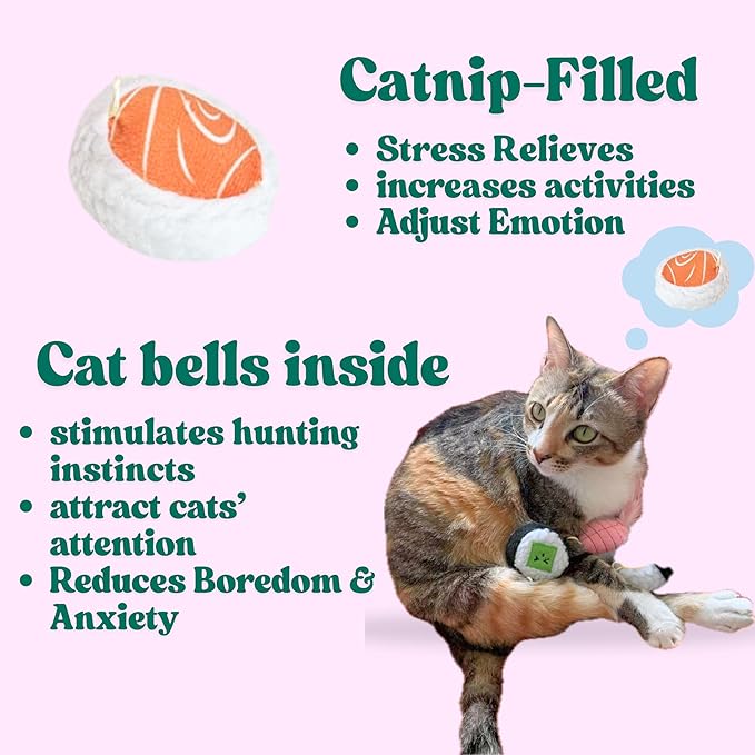 5 Pack Sushi Cat Toys, Interactive Catnip with Bells Inside Kitten Boredom Relief, Soft and Durable, Indoor Kitty Exercise Pet Toys-PurrikoPets
