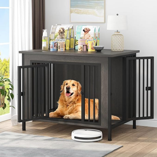 EasyCom 39.96" XL Wooden Large Dog Crate Furniture for Medium and Large Breed, Chew-Resistant Dog Kennel Furniture Indoor with 2 Doors and 3.94" Raised Feet, as TV Stand, End Table, Crate Table-PurrikoPets