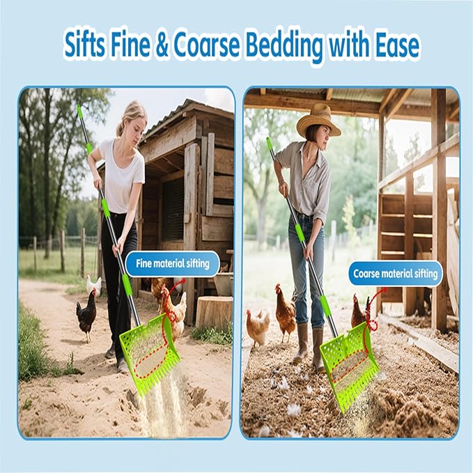 12-Inch 2-in-1 Chicken Poop Scooper & Rake – US Patent Pending – 3-Shape Sifting Holes Chicken Coop Rake，Stainless Steel Handle （20–61"）– Litter Scoop Sand & Sifting Shovel for Chicken Coops(Green)-PurrikoPets