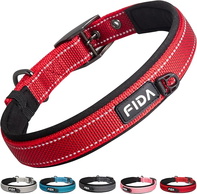 Fida Heavy Duty Dog Collar, Ultra Comfortable Soft Neoprene Padded, Adjustable Reflective Nylon Pet Collar with Durable Metal Belt Buckle for Medium Breeds (M, Red)-PurrikoPets
