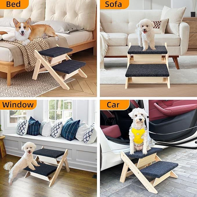 Dog Stairs/Ramp for Bed, Wooden Convertible Pet Steps, Portable Dog Ladder Up to 180 Pound for Elderly/Short-Legged Dogs, 2 Steps for Beds, Couch, Cars-PurrikoPets
