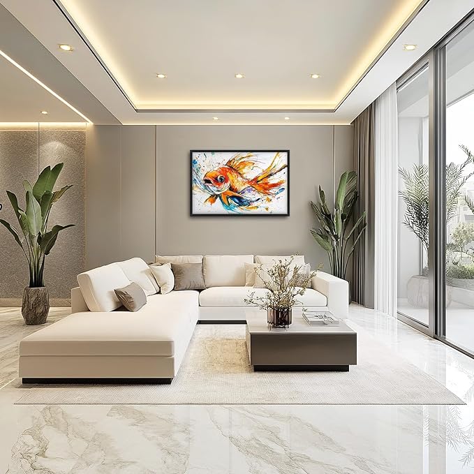 Framed Large Fish Wall Art for Living Room, Oversized Graffiti Goldfish Wall Decor Watercolor Fishing Canvas Painting Modern Artwork Home Decoration for Living Room Bedroom Office 36"x24"-PurrikoPets