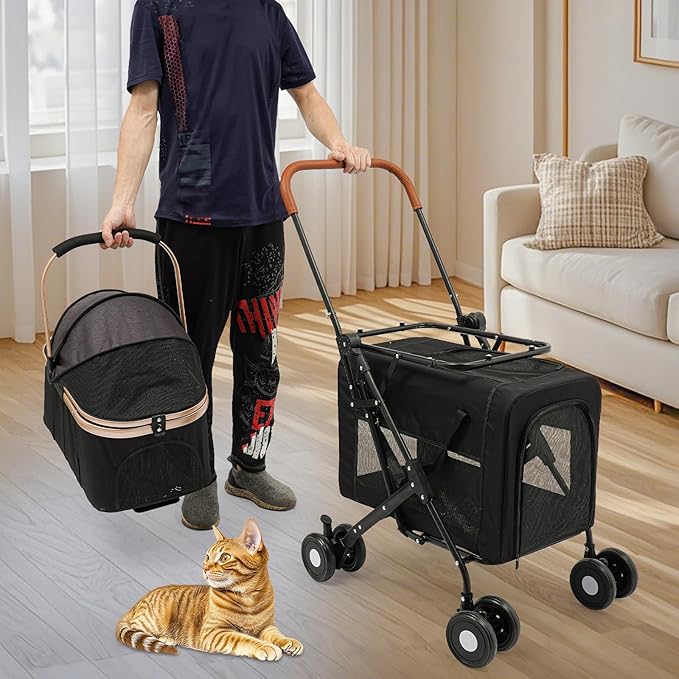 Double Pet Stroller with Detachable Carriers, Large Cat & Dog Stroller with 4 Wheels, Foldable Pet Strollers Small & Medium Dogs Cats 77lbs (Black)-PurrikoPets