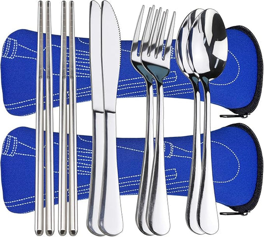 10PCS Portable Silverware Set with Case, Lengnoyp Travel Camping Utensils Set, Premium Stainless Steel Travel Cutlery Set, Reusable Safe Flatware Sets for Lunch Box/Workplace/Students, Silver-PurrikoPets