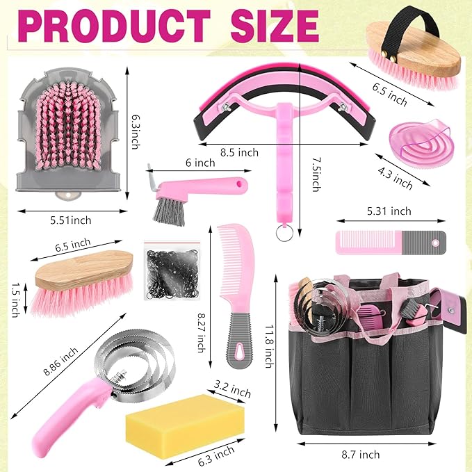 Abbylike 12 Pieces Horse Grooming Kit with Organizer Tote Bag Tack Room Supplies Horse Brush Sets Equine Care Cleaning Kit Shedding Grooming Massaging Tools(Pink and Grey)-PurrikoPets