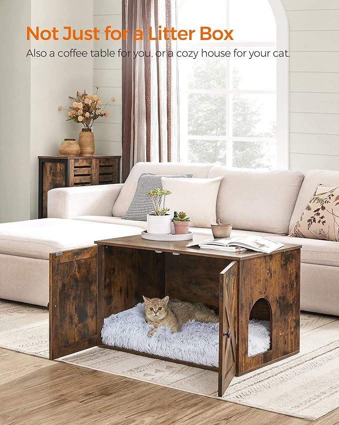 Feandrea Cat Litter Box Enclosure, Litter Box Furniture Hidden with Removable Divider, Indoor Cat House, End Table, 31.5 x 20.9 x 19.7 Inches, Rustic Brown UPCL002X01-PurrikoPets