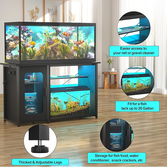 55-75 Gallon Fish Tank Stand with Power Outlets & LED Light, Reversible Heavy Duty Metal Aquarium Stand with Cabinet for Fish Tank Accessories Storage, Turtle/Reptile Terrariums, Black-PurrikoPets