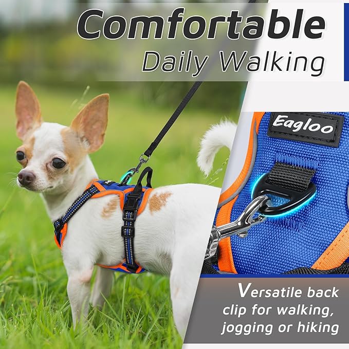 Eagloo Small Dog Harness No Pull, Service Vest with Reflective Strips and Control Handle, Adjustable and Comfortable for Walking, No Choke Pet Harness with 2 Metal Rings, Blue & Orange, XS-PurrikoPets