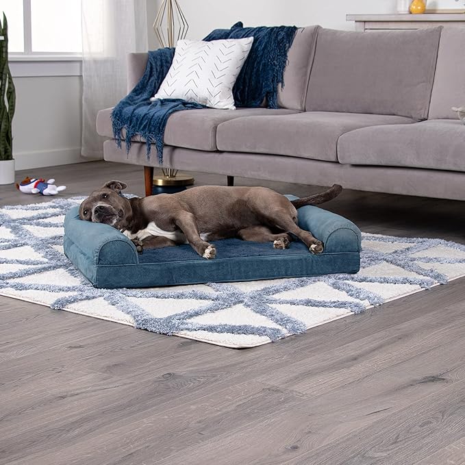 Furhaven Orthopedic Dog Bed for Large/Medium Dogs w/ Removable Bolsters & Washable Cover, For Dogs Up to 55 lbs - Faux Fur & Velvet Sofa - Harbor Blue, Large-PurrikoPets