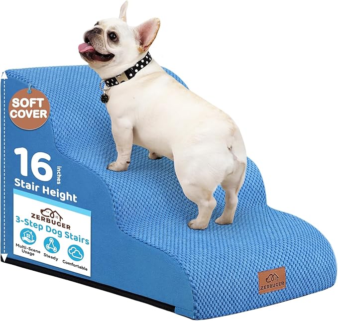 Dog Ramp and Stair for Bed 16" H-20 H,3-Step Cat Stair for Sofa and Chair,4-Step Dog Ramp for High Bed and Window,Durable Nonslip Fabric Cover for Indoor (Blue-16“H, Pet Friendly, 3)-PurrikoPets