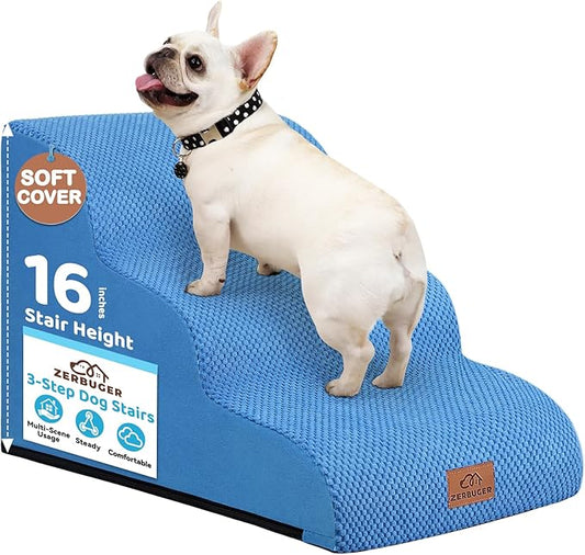 Dog Ramp and Stair for Bed 16" H-20 H,3-Step Cat Stair for Sofa and Chair,4-Step Dog Ramp for High Bed and Window,Durable Nonslip Fabric Cover for Indoor (Blue-16“H, Pet Friendly, 3)-PurrikoPets