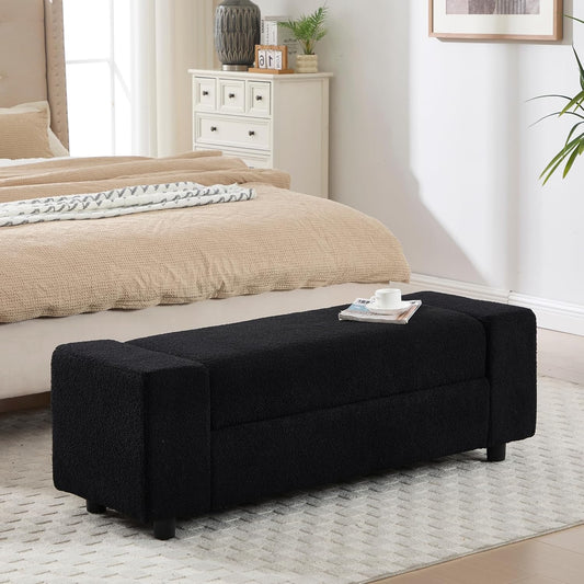 Teddy Storage Ottoman Bench,55 Inch Upholstered Boucle Comfy Sherpa End of Bed Bench with Large Storage for Bedroom/Living Room/Entryway/Closet(Black)
