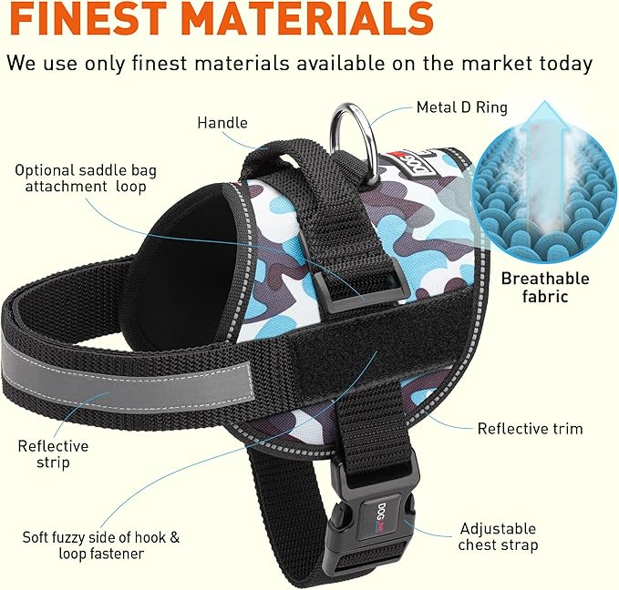 Dogline Dog Harness, Reflective No-Pull Adjustable Vest with Handle for Walking, Training, Breathable, No - Choke Harness for Small, Medium or Large Dogs Room for Patches Girth 27 to 34 in Blue Camo-PurrikoPets
