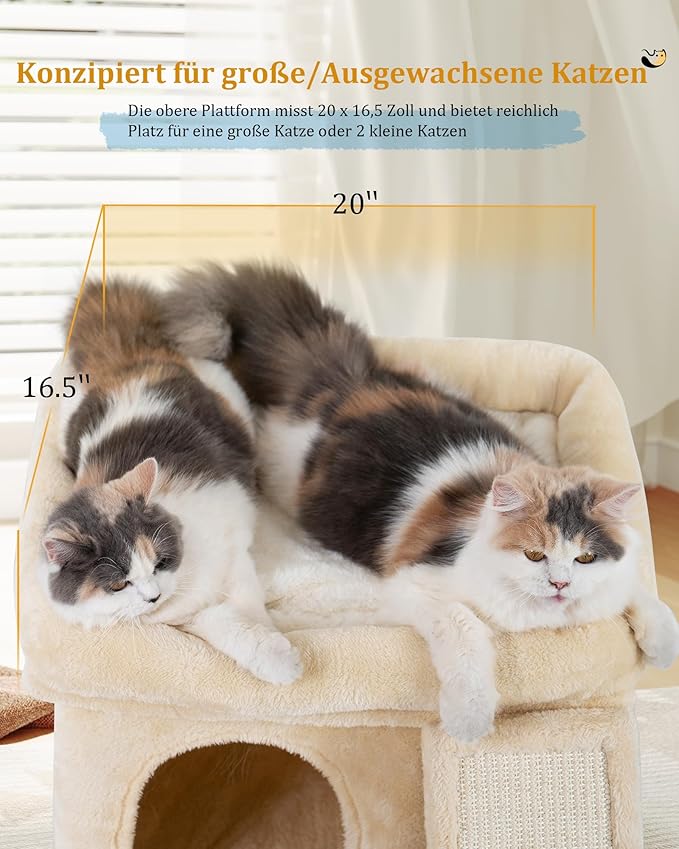 14in Cat Tree Tower with Large Perch, 20 * 16.5 Inch Top Bed for Adult Cats, Scratching Post with Bed for Kittens, Beige-PurrikoPets