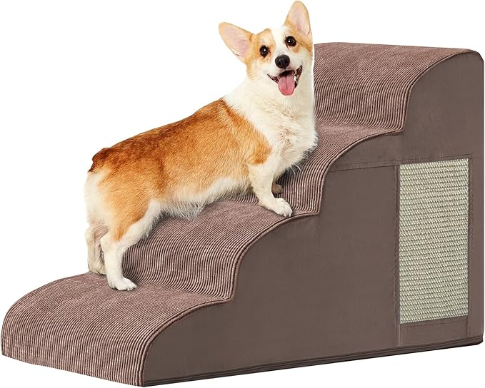 Dogs Steps for Bed, Dog Stairs for Small Dogs, 4-Step Dog Ramp for Bed, Couch, Sofa, and Chairs, Non-Slip Bottom Design, Cat Scratching, High Density Foam Portable Pet Step, Indoor, Coffee-PurrikoPets
