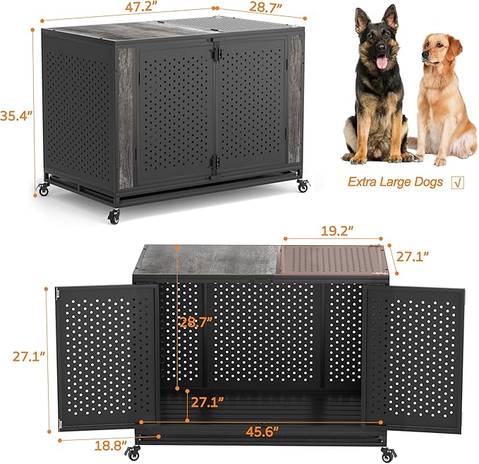 48" Heavy Duty Dog Crate Furniture for Extra Large Dogs, Enclosed Design with 0.5 inch Holes, Indestructible Metal Kennel for High Anxiety Dogs, Chew Proof Pet House Cage Indoor, Gray-PurrikoPets