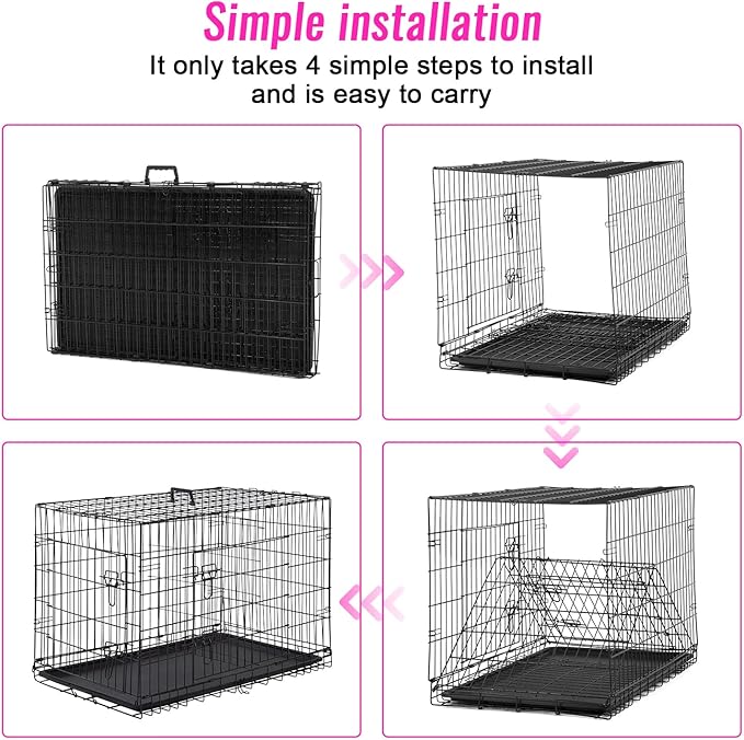 FDW Dog Crate for Large Dogs 48 Inch Folding Metal WirePet Cage Double Door W/Divider Panel Indoor Outdoor Kennel Leak-Proof Plastic Tray,Black-PurrikoPets